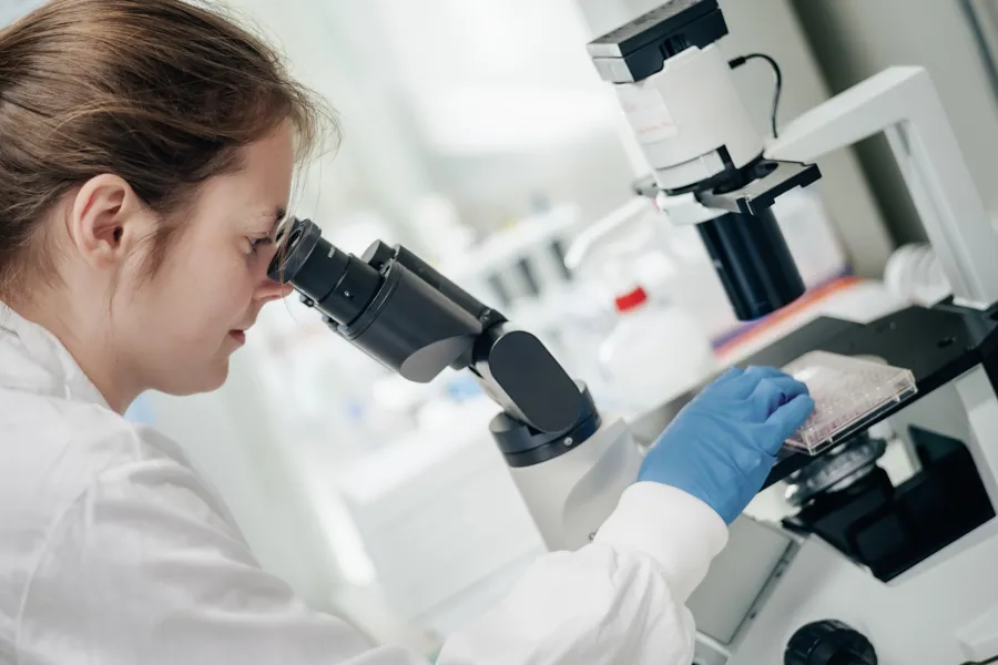 En person i laboratoriefrakk som ser gjennom et mikroskop