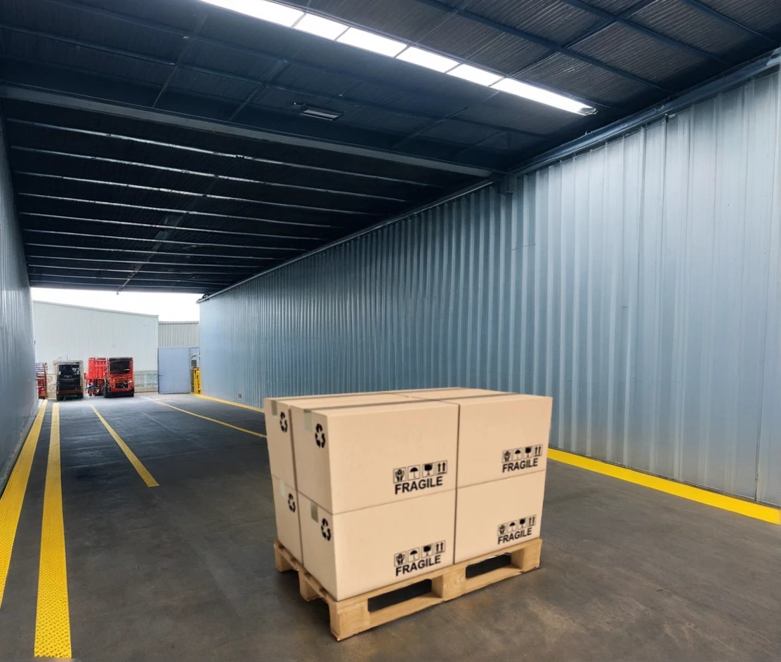 Et lager med flere lastebiler