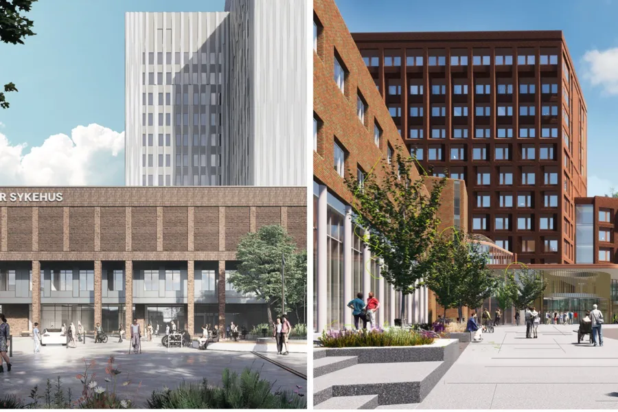 En gruppe mennesker som går rundt en stor bygning