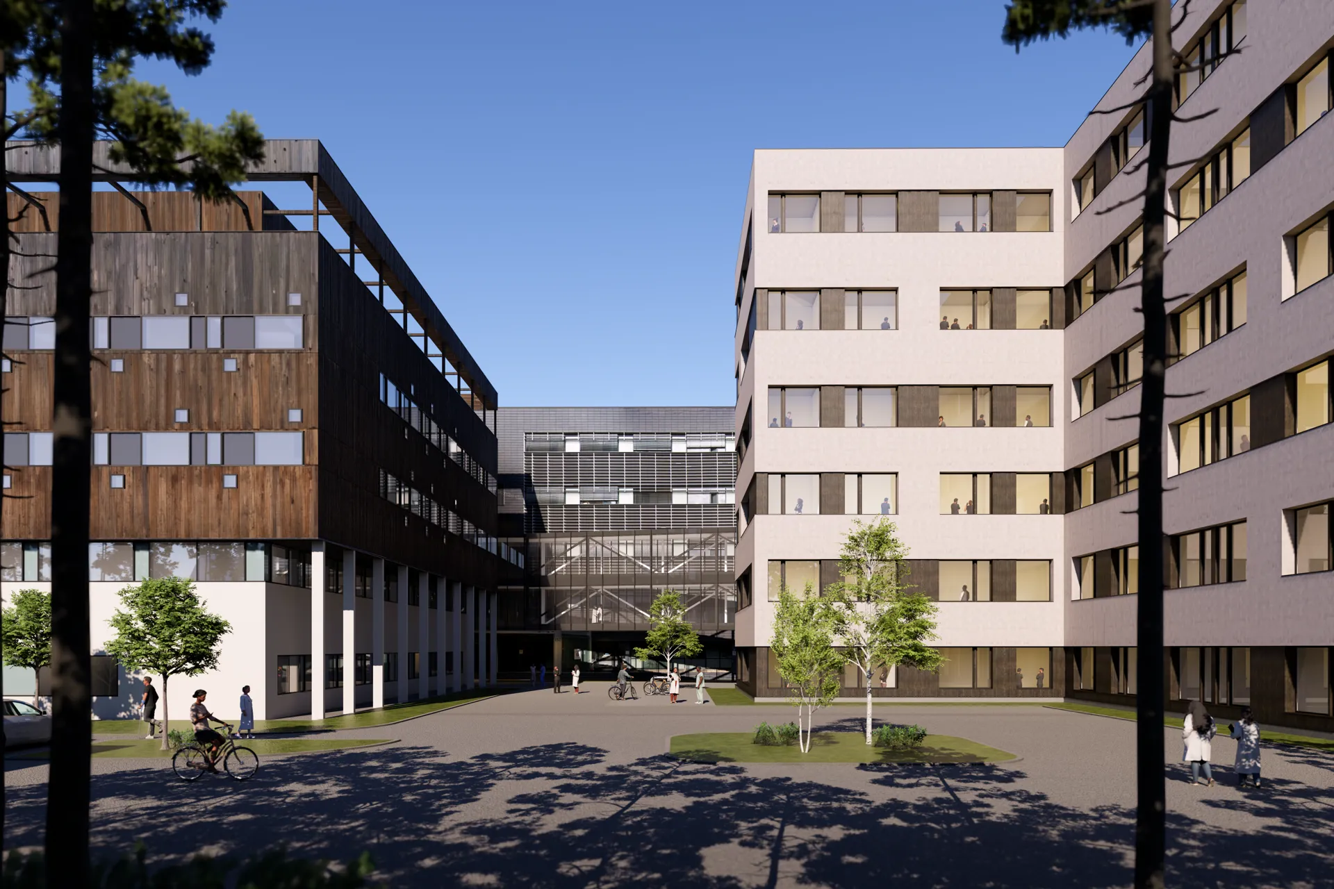 Skisse av nybygg med mennesker i og rundt