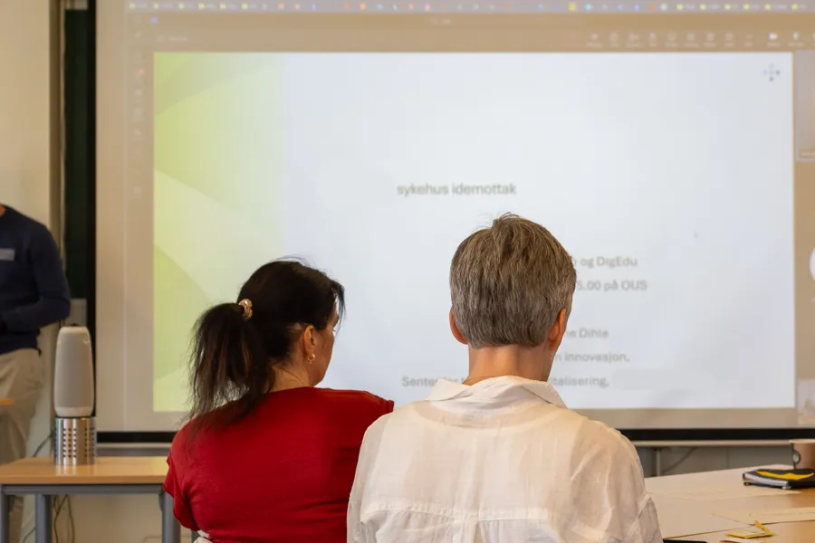 En mann og en kvinne som ser på et projisert bilde på en vegg