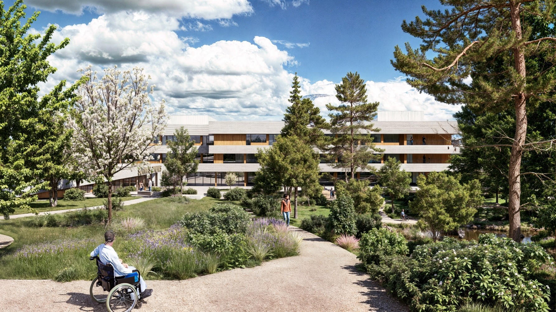 En person i rullestol i en park med trær og en bygning i bakgrunnen