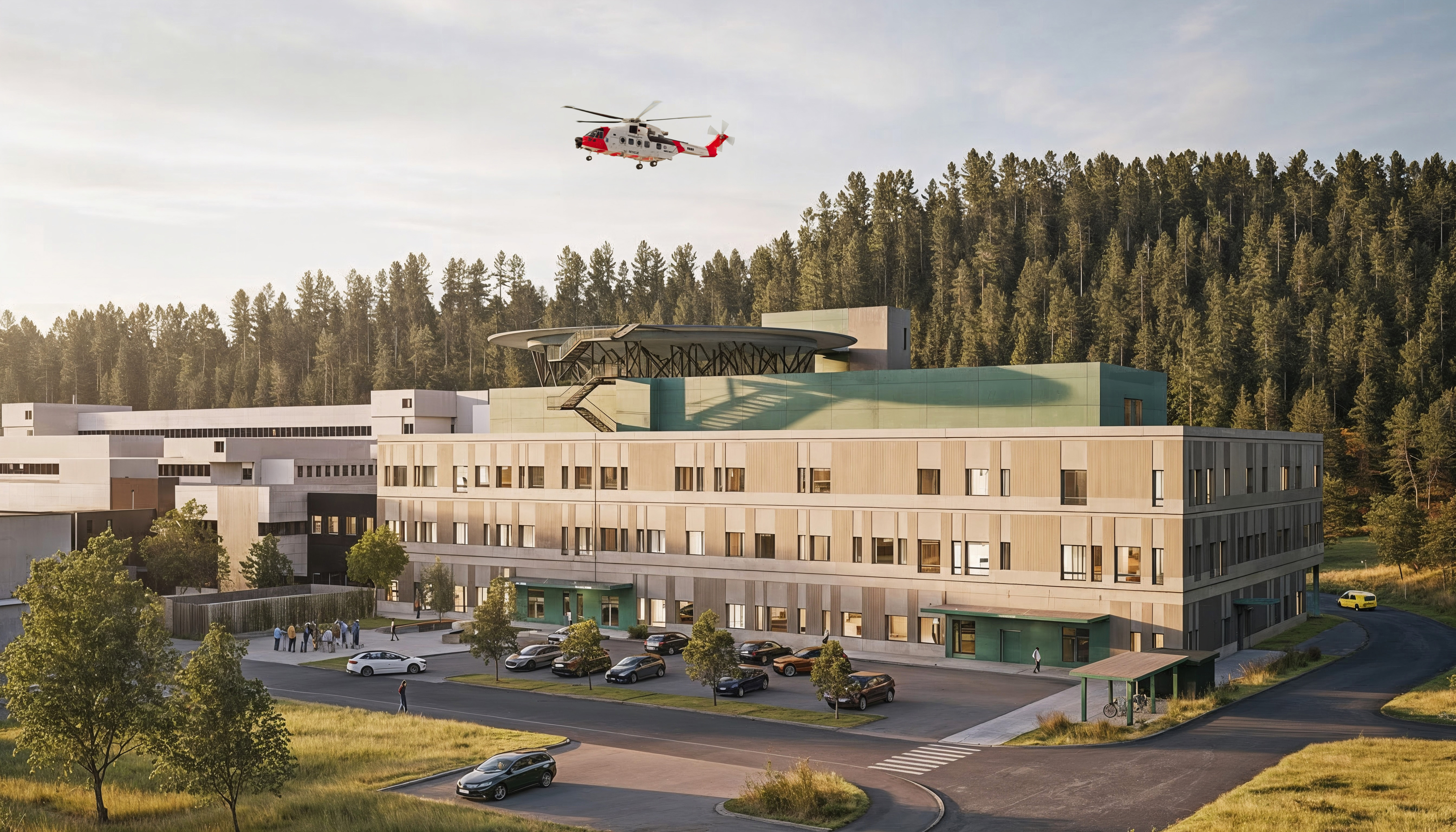 Skisse av et nytt sykehus med adkomst og et helikopter i luften