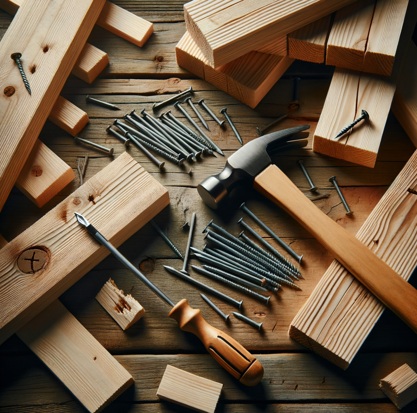 Planker, hammer og spiker strødd utover et tregulv