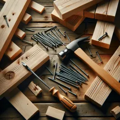 Planker, hammer og spiker strødd utover et tregulv