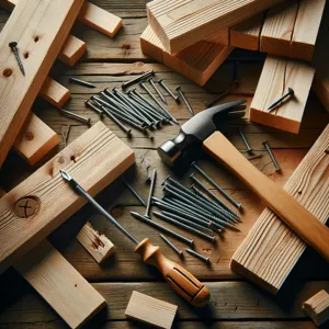 Planker, hammer og spiker strødd utover et tregulv