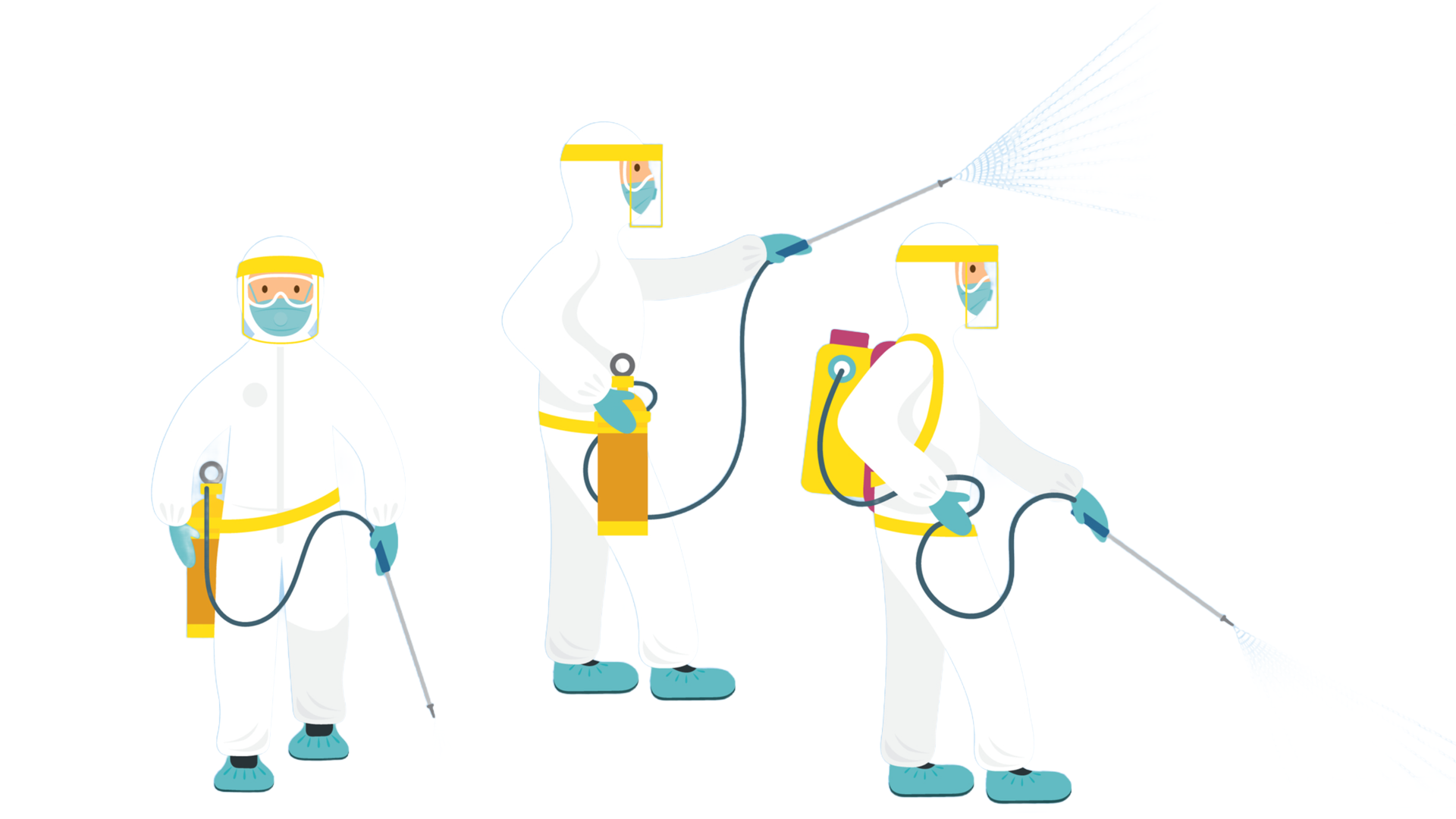 Tegning av tre personer i smittevernutstyr som desinfiserer
