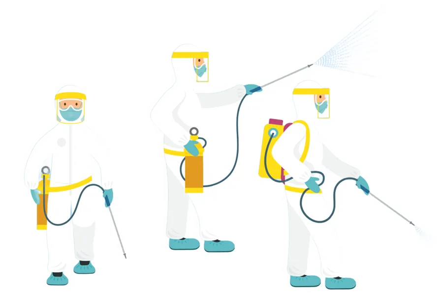 Tegning av tre personer i smittevernutstyr som desinfiserer