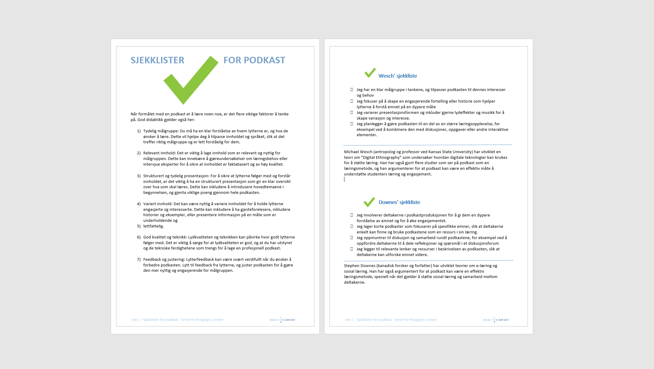 Bilde av to sider i Word med tre sjekklister, hver liste markert med bilde av grønne haker