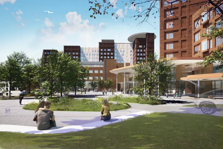 Illustrasjon foran Rikshospitalet med frodig uteområde