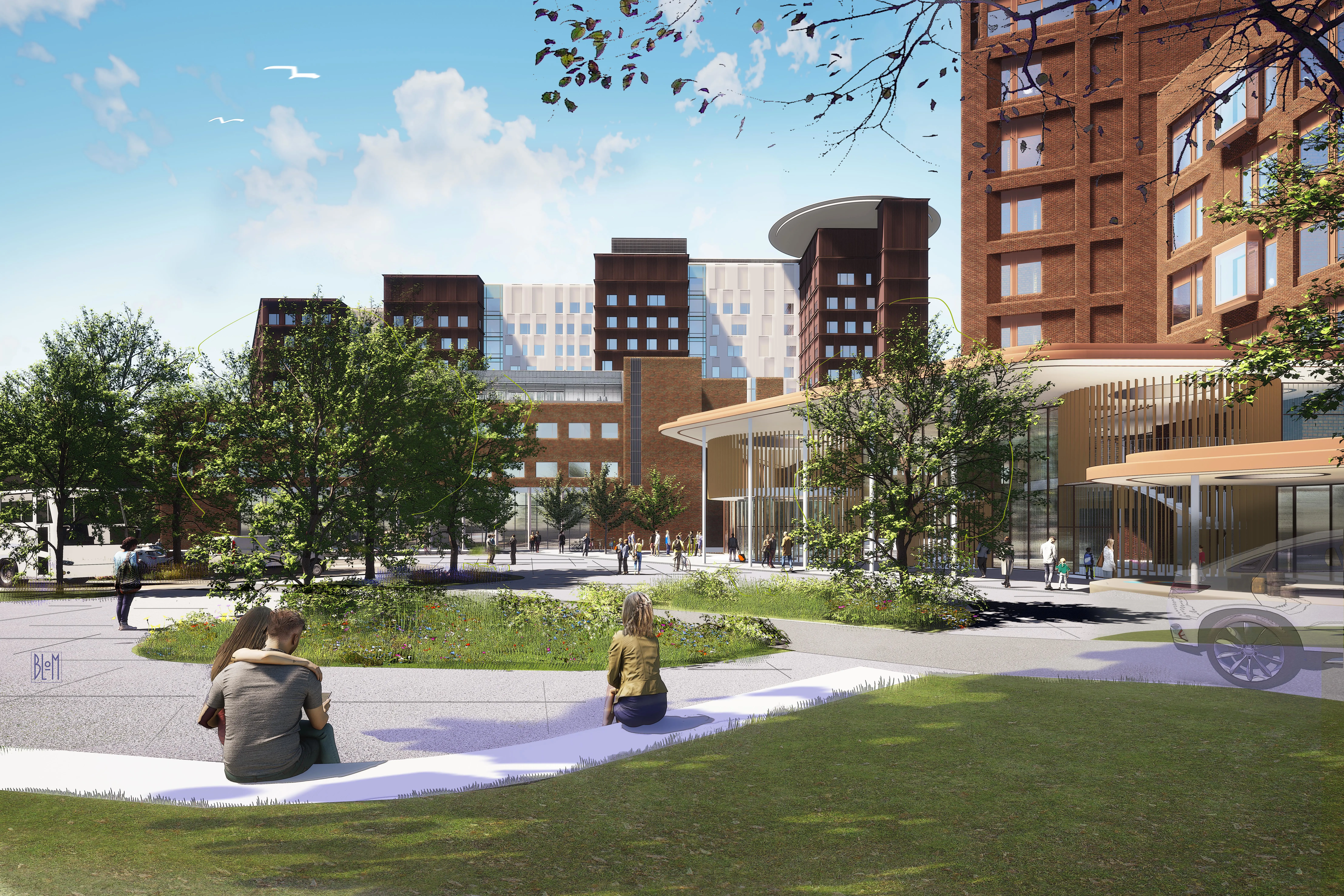 Illustrasjon foran Rikshospitalet med frodig uteområde