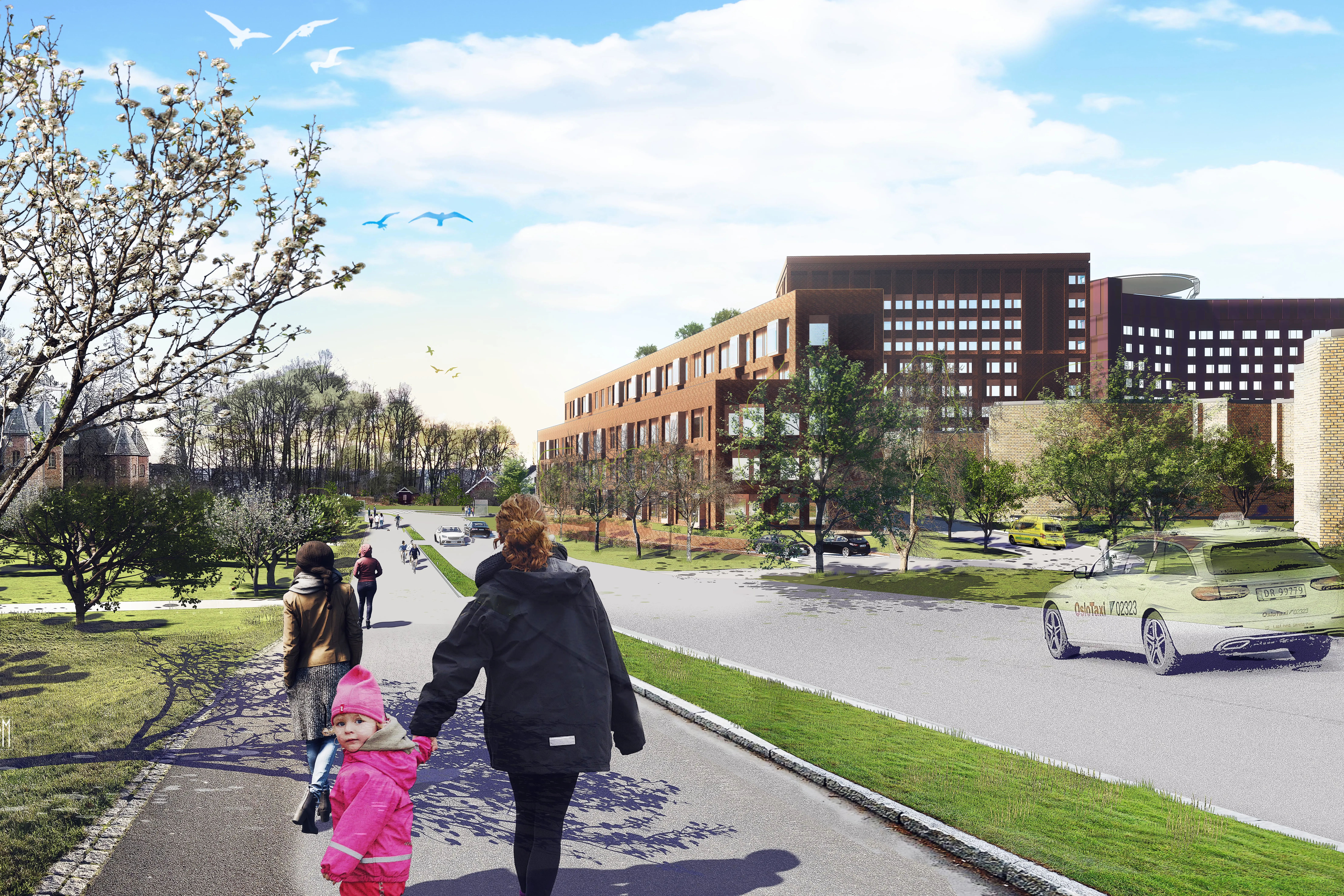 Illustrasjon Rikshospitalet med vei og fortau