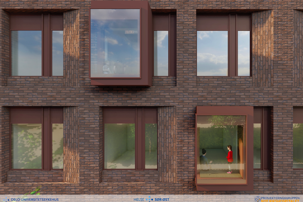 Illustrasjon fasade av murbygg med store vinduer