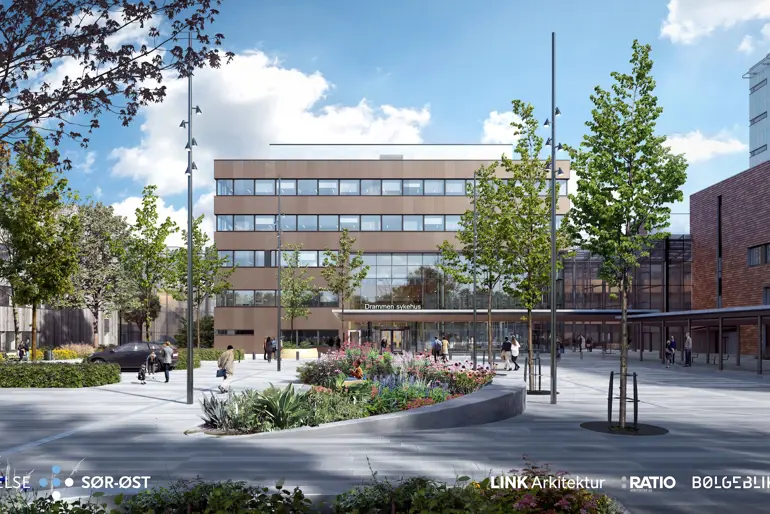Perspektiv mot adkomstplassen og hovedinngang