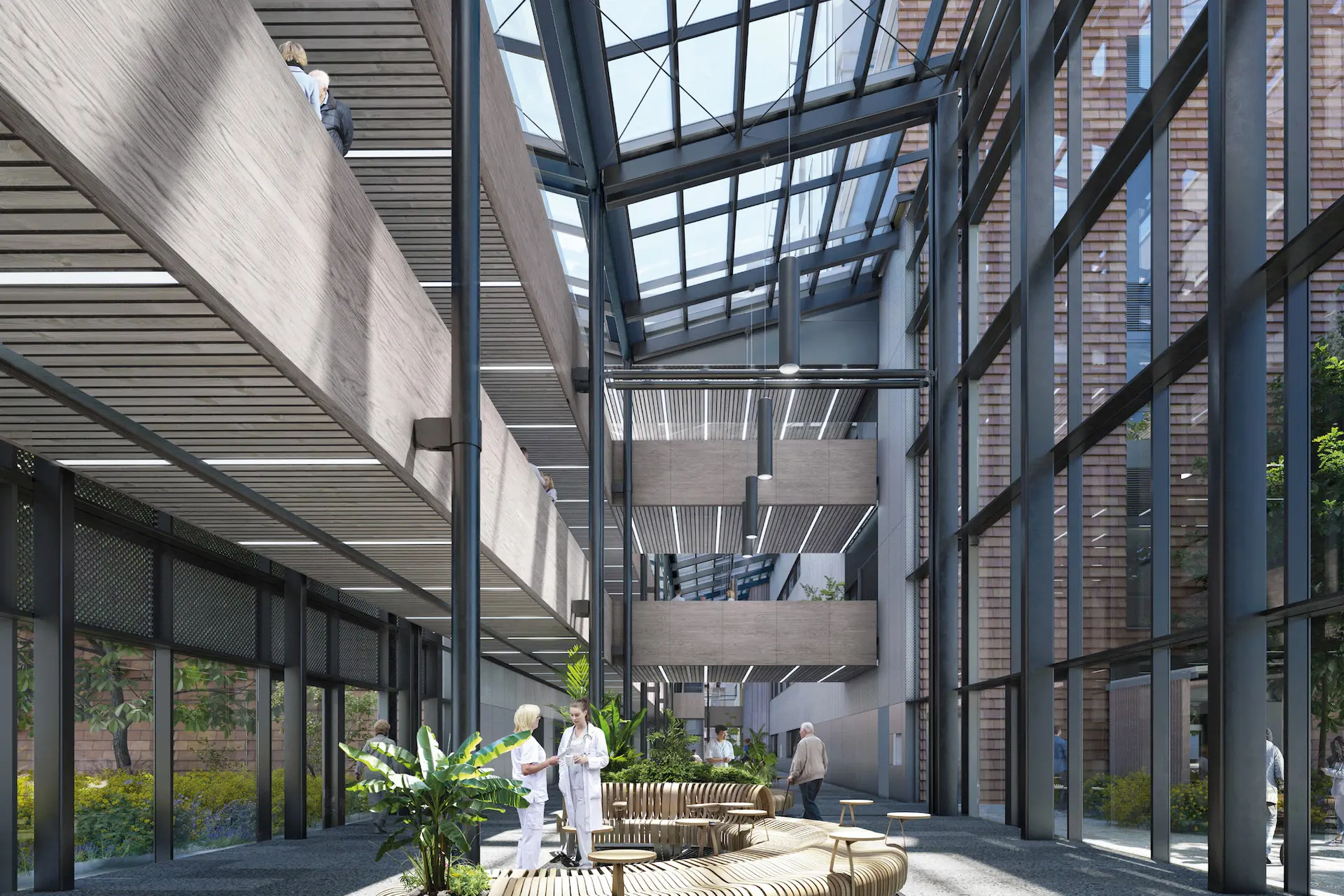 Perspektiv glassgte plan1 vestibyle mot vest med beplantning, benker og mennesker