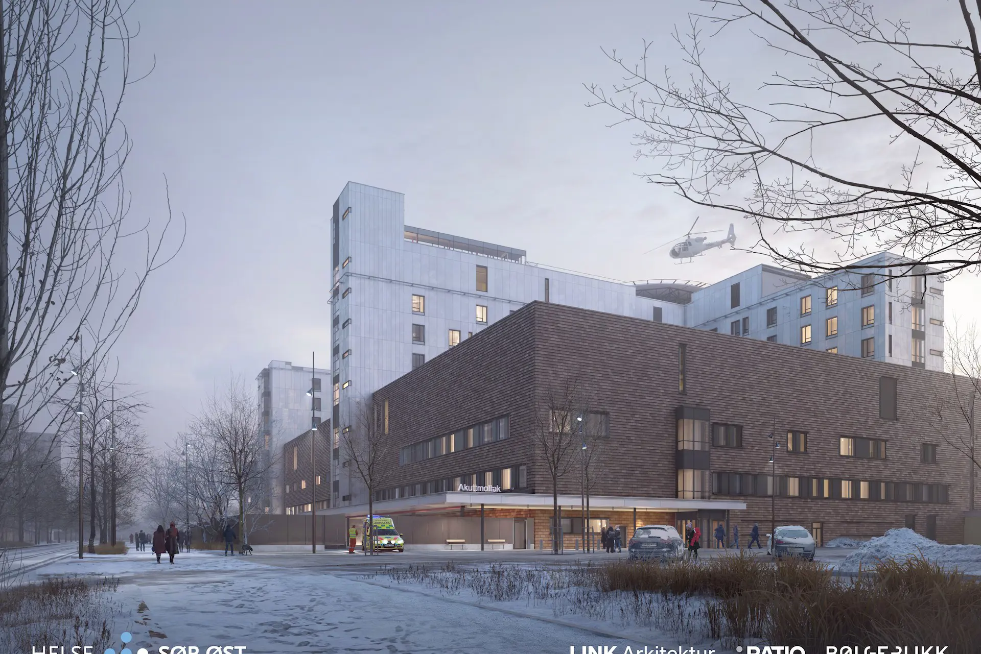 Illustrasjon av akuttmotak utenfor på vinterstid, med snø, en ambulanse, biler og mennesker