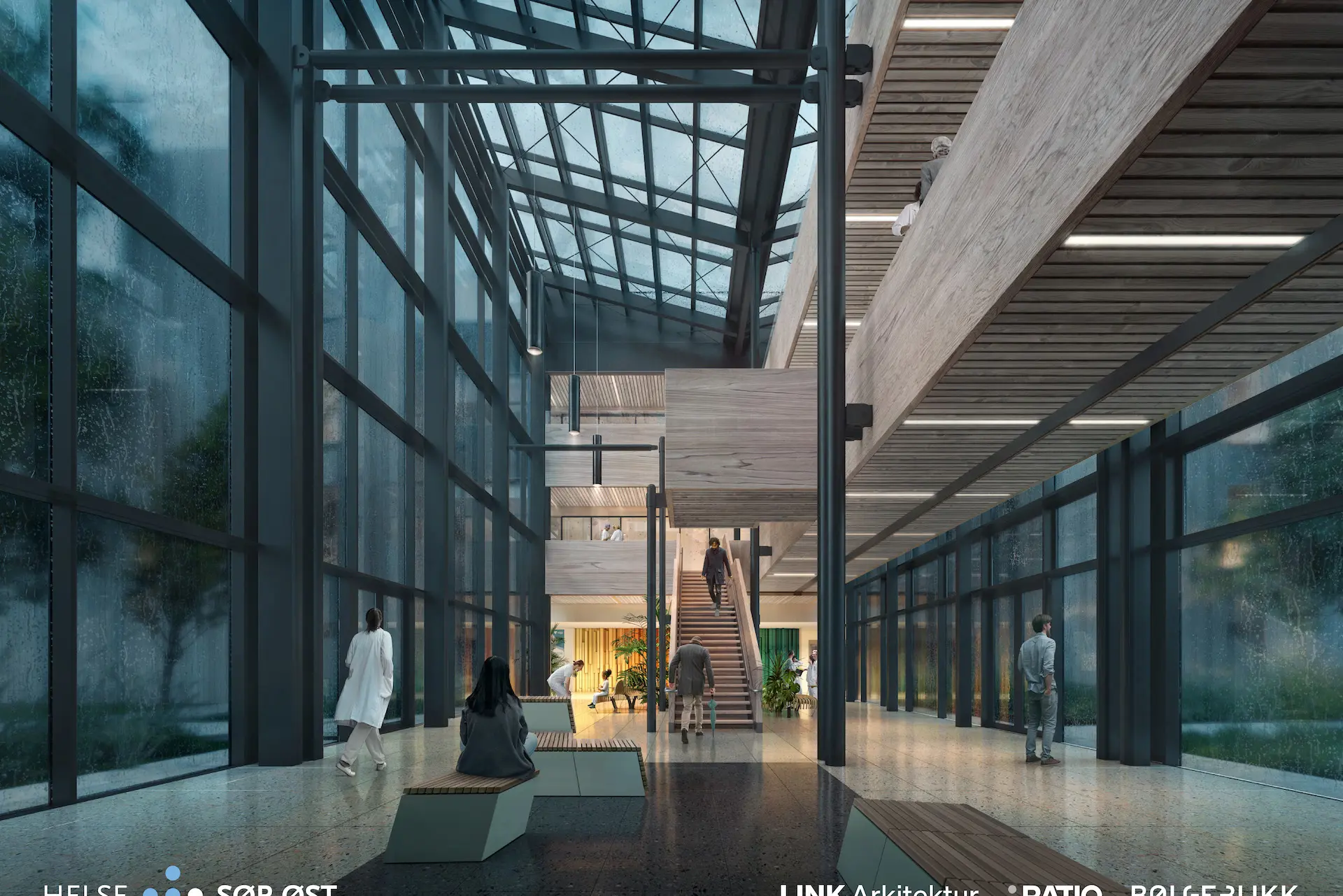 Perspektiv glassgate plan 1 mot psykiatribygg, med benker, mennesker og en trapp i tre