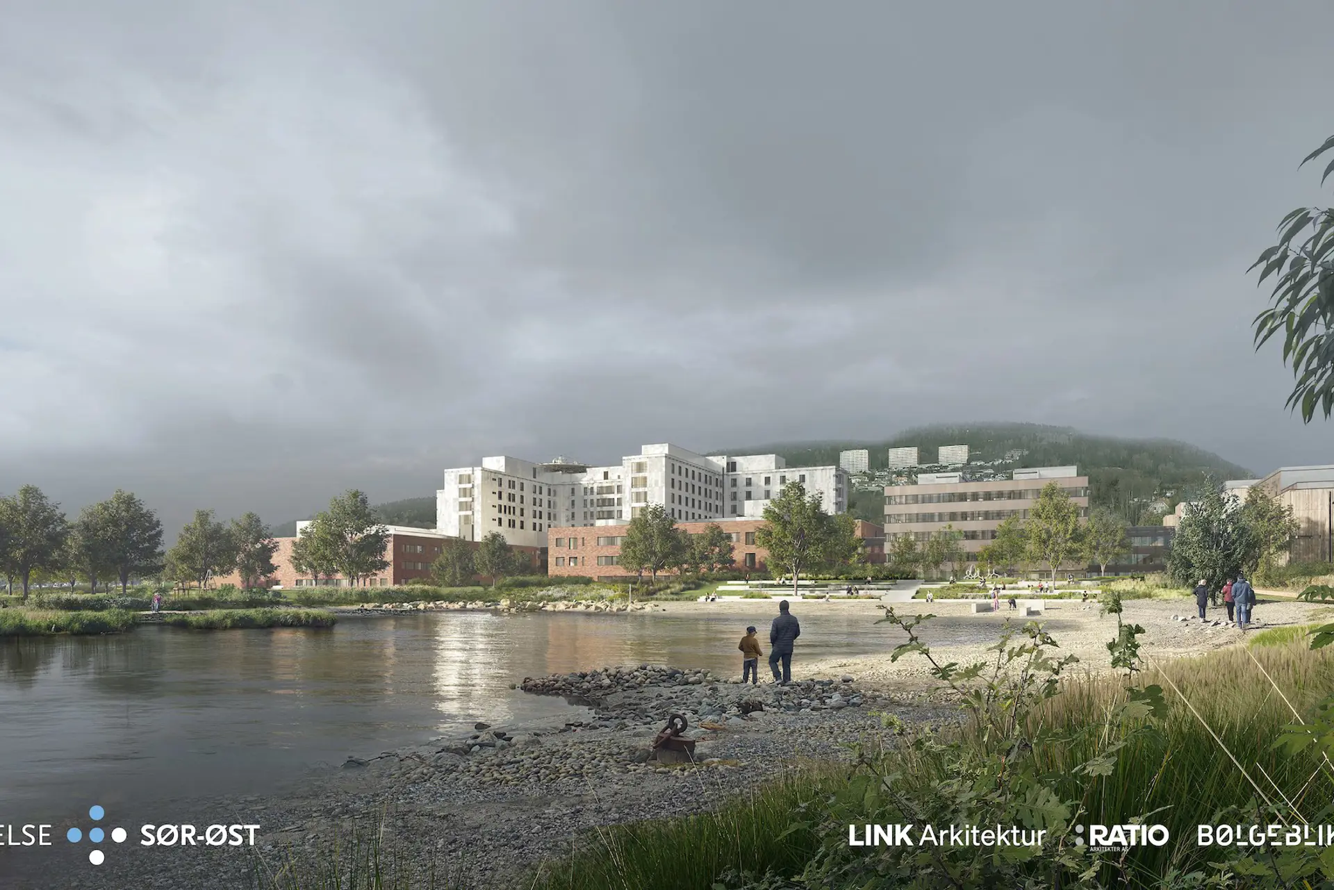 Perspektiv av fasaden sett fra stranden