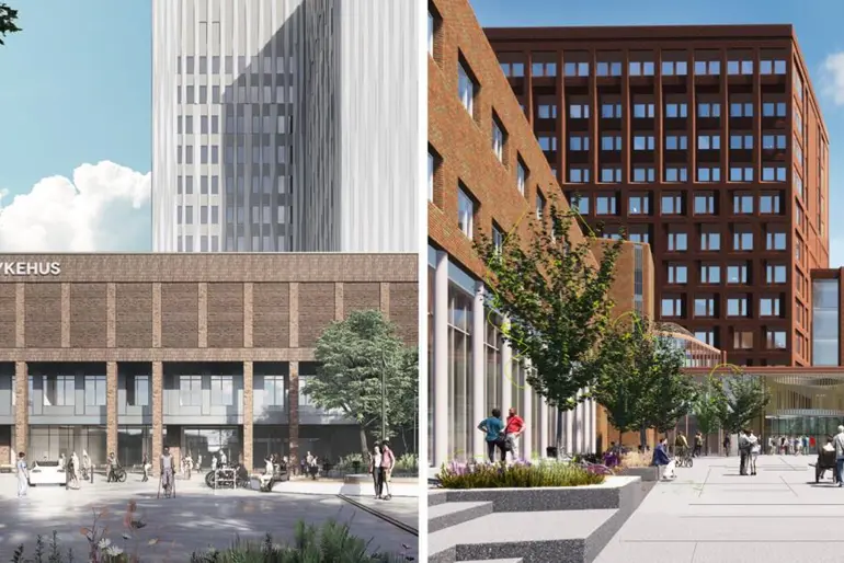 Illustrasjon av hovedinngang til Aker og Rikshospitalet