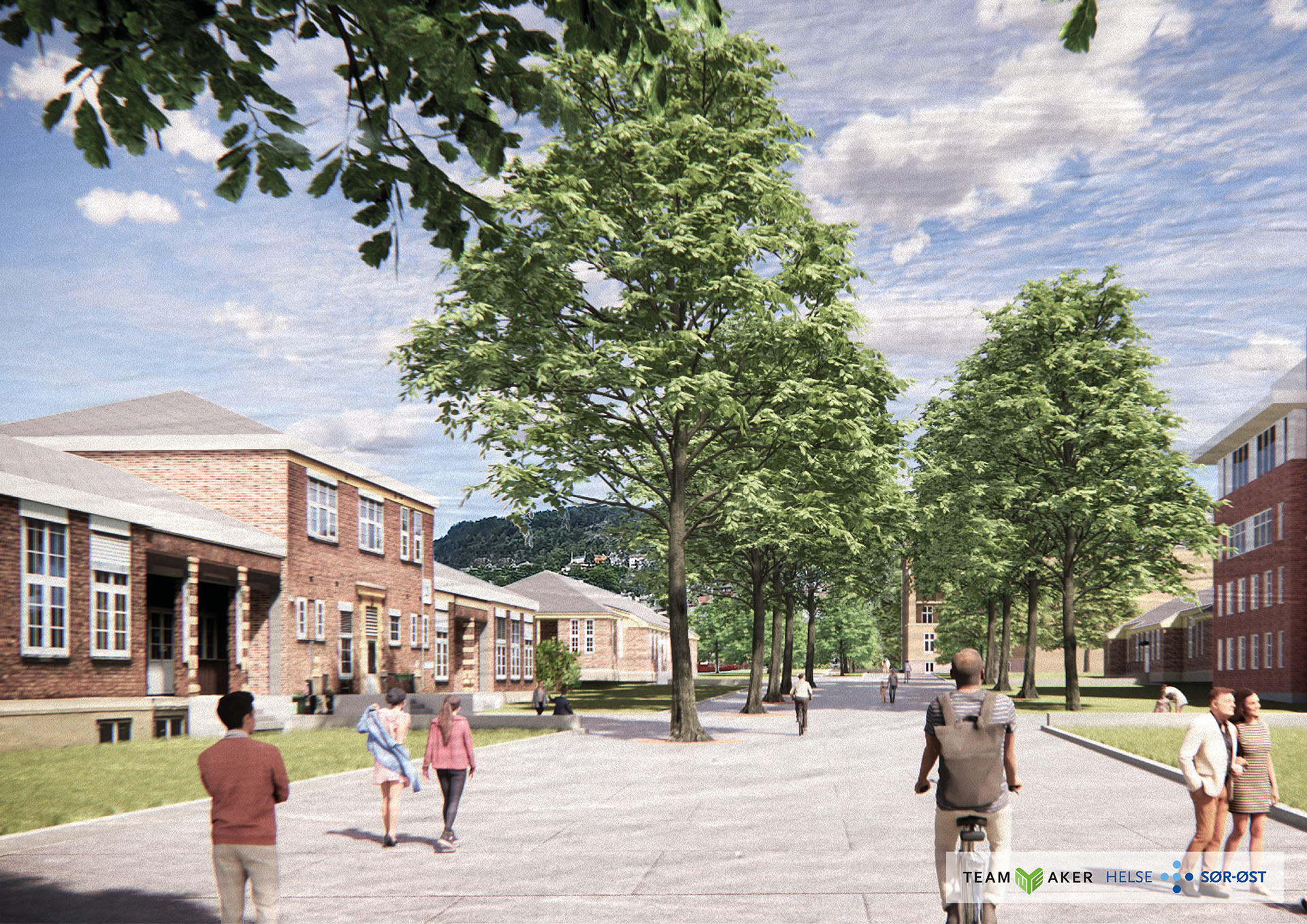 En gruppe mennesker som går på en gate med et tre og bygninger