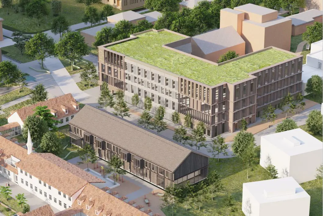 Illustrasjon fugleperspektiv flere bygg på Aker