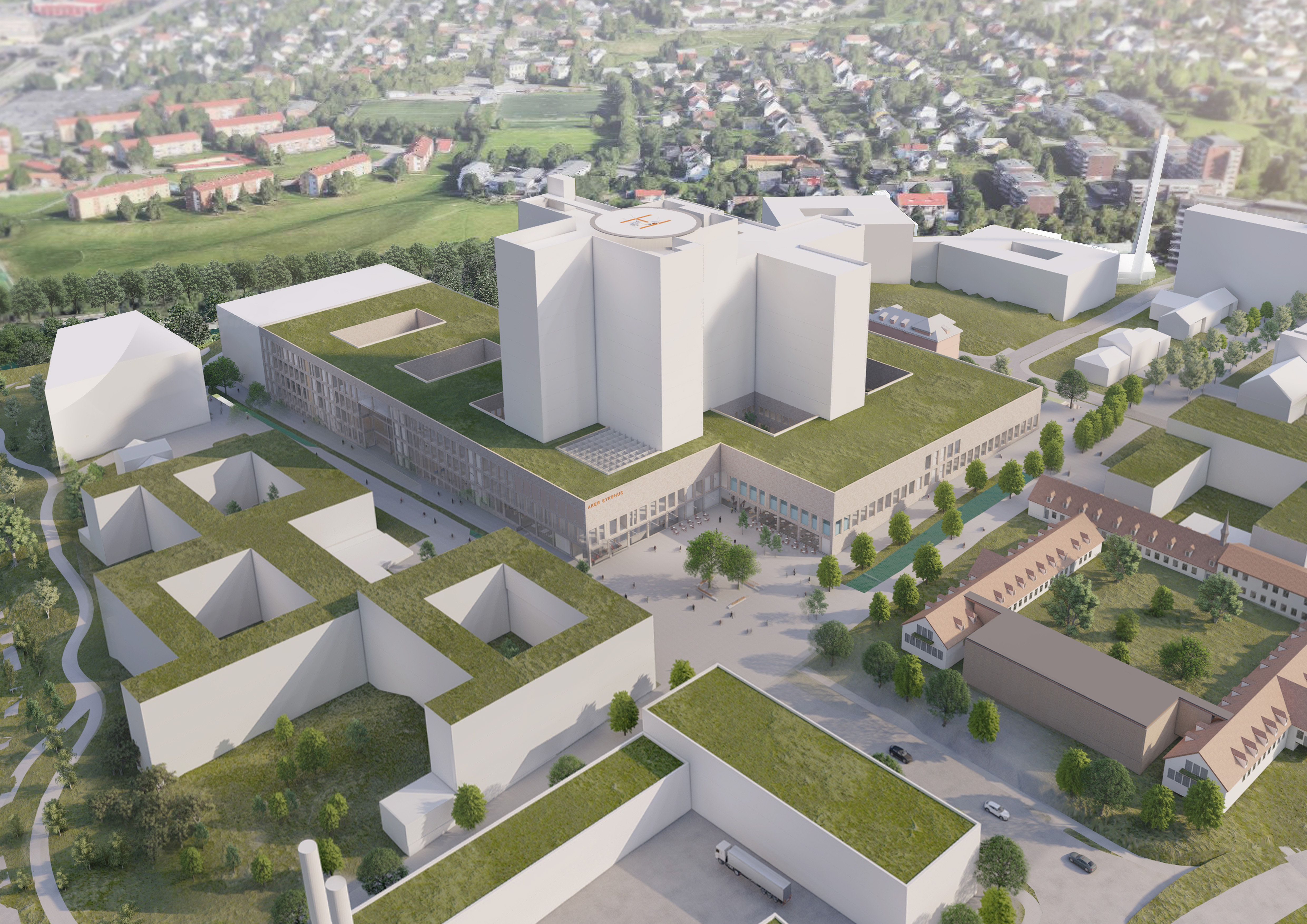 Illustrasjon av hvordan sykehuset  - flyfotoperspektiv