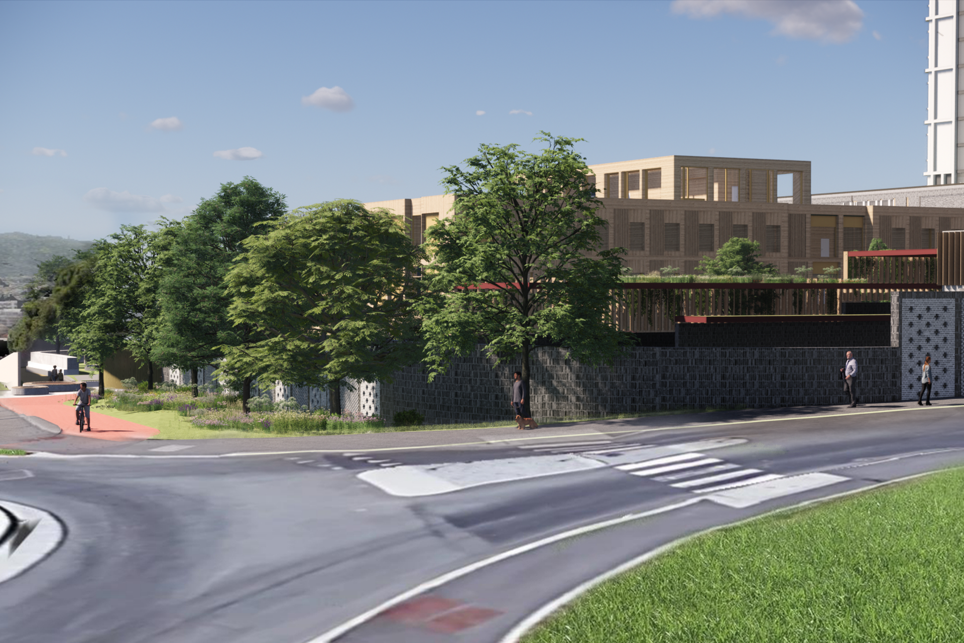 Illustrasjon av inngjerdet bygg med beplantning rundt sett fra en rundkjøring