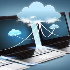 Noen få bærbare datamaskiner med blå himmel og skyer