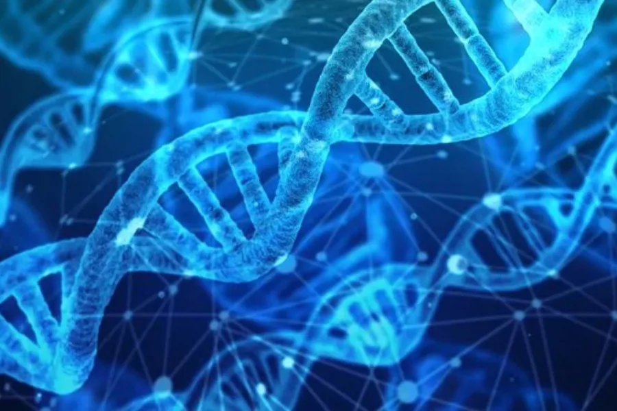Illustrasjon av DNA i blåtoner