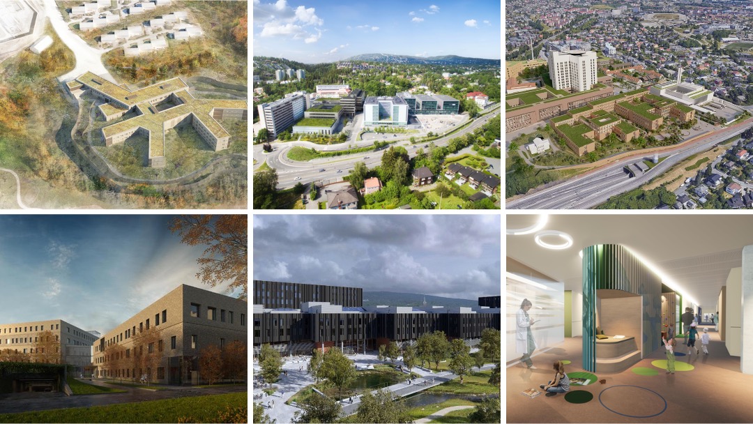Collage med 6 skisser av hvordan det nye sykehuset blir