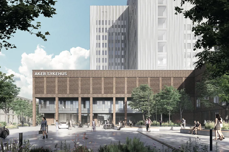 Tegning av ny inngang til nytt sykehus, forplass med mennesker, trær og fasade