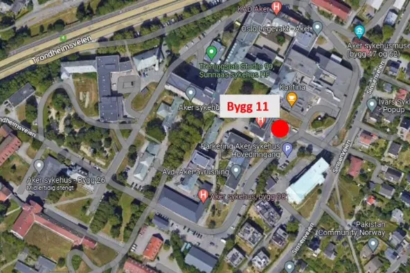 Skjermbilde fra Google Maps viser kart over sykehusområdet til Aker, markert med bygg 11