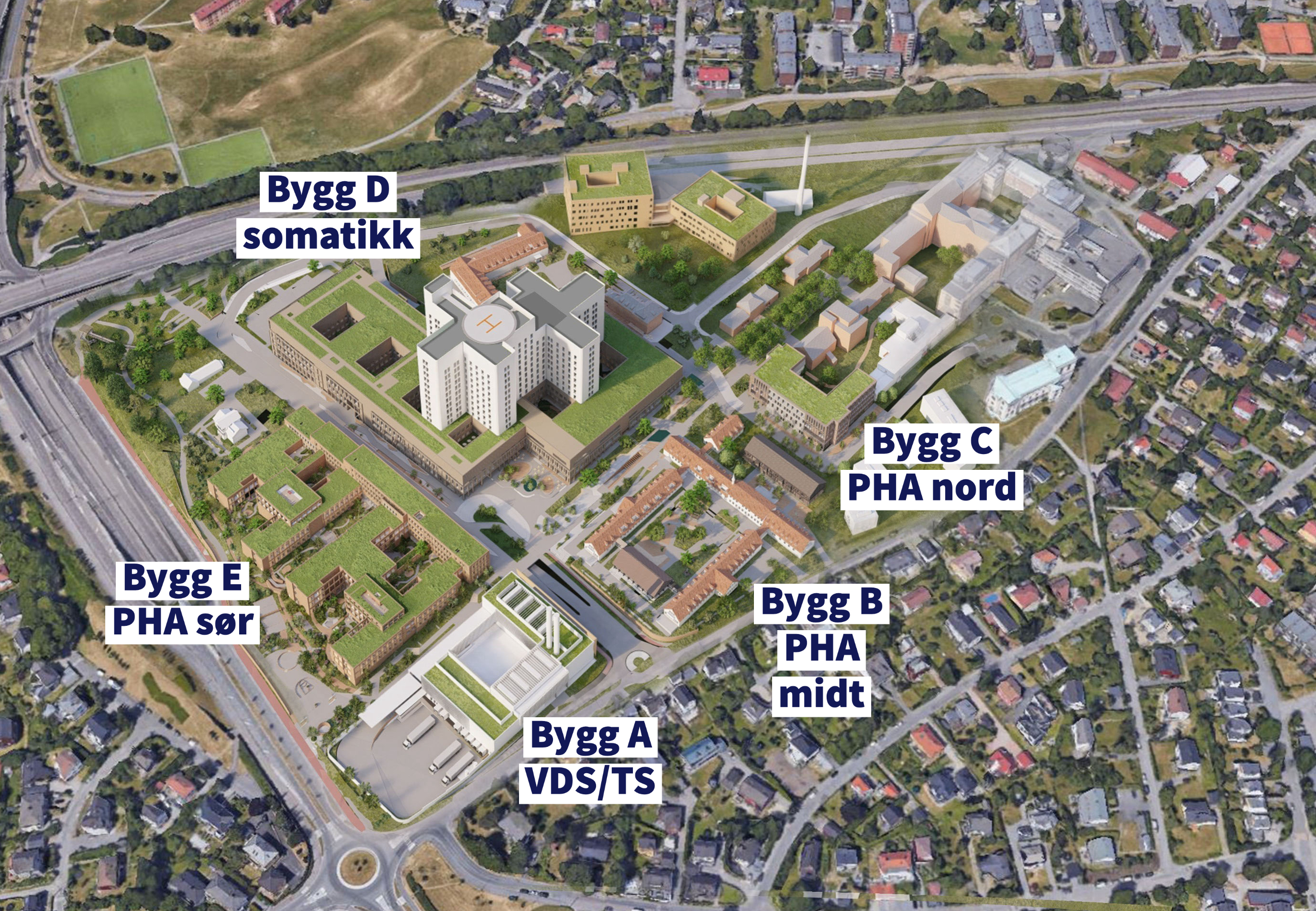 Skisse som illustrerer et område med bygg og forklaring på de ulike byggene