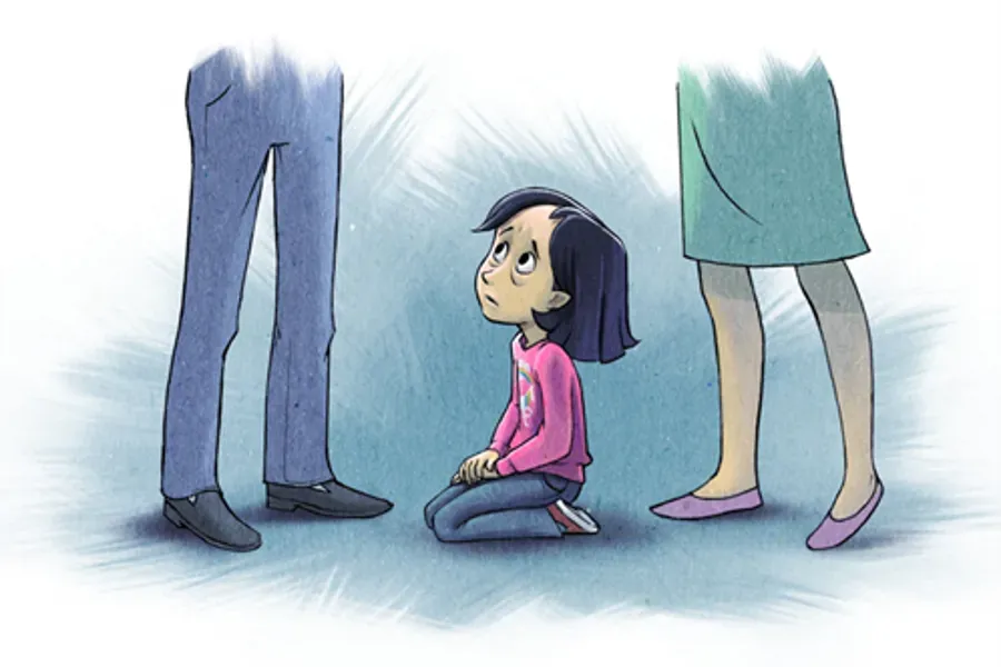 Illustrasjon av barn som sitter på huk mellom to voksne