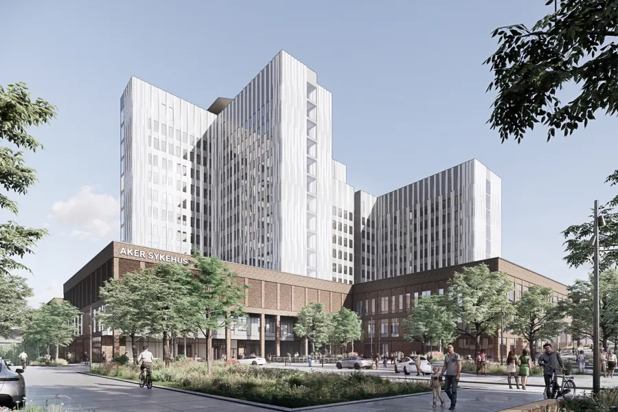 Illustrasjon av et høyt sykehusbygg med hovedinngang