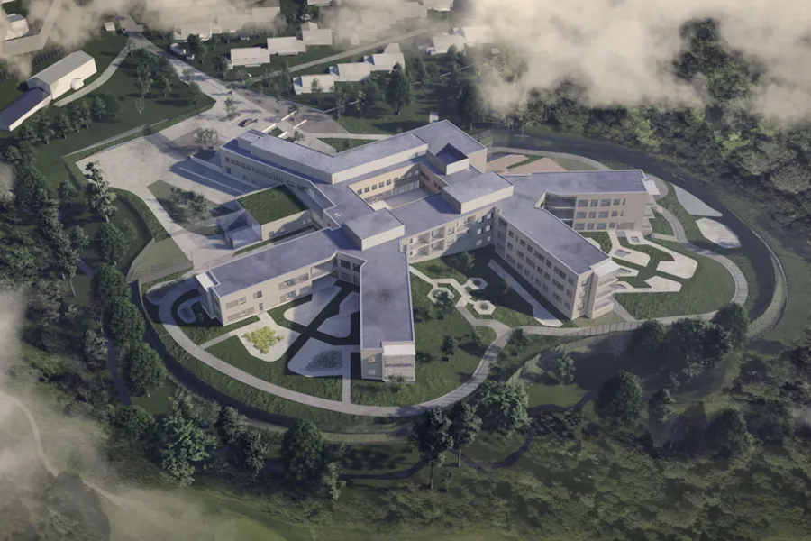 En høy vinkelvisning av en bygning