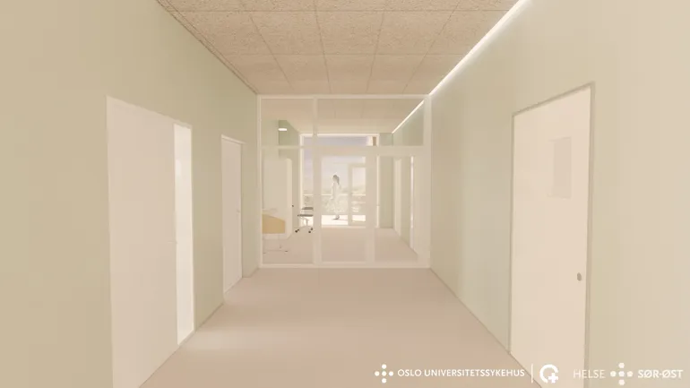 En lang gang med hvite dører