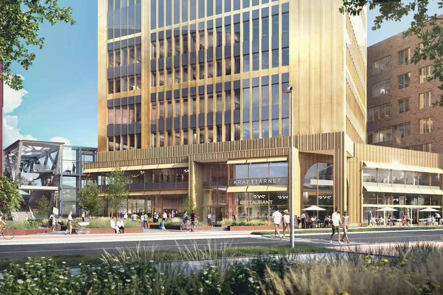 Illustrasjon av gangbro mellom to bygg