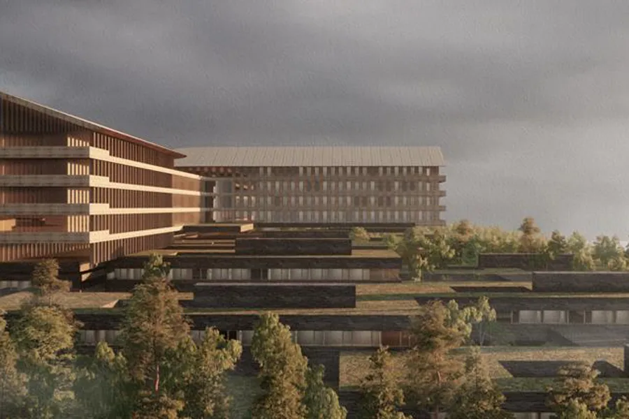 En stor bygning med mange vinduer