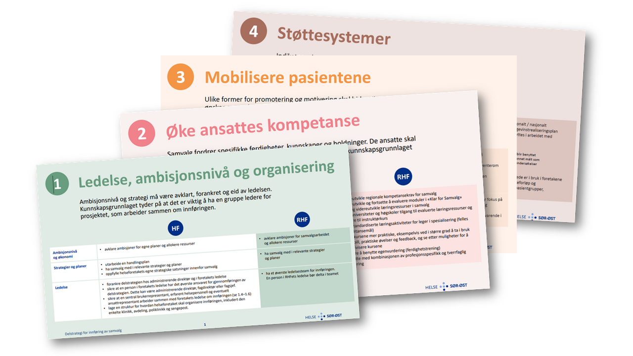 Fire ark, ett for hvert innsatsområde ligger i en bunke