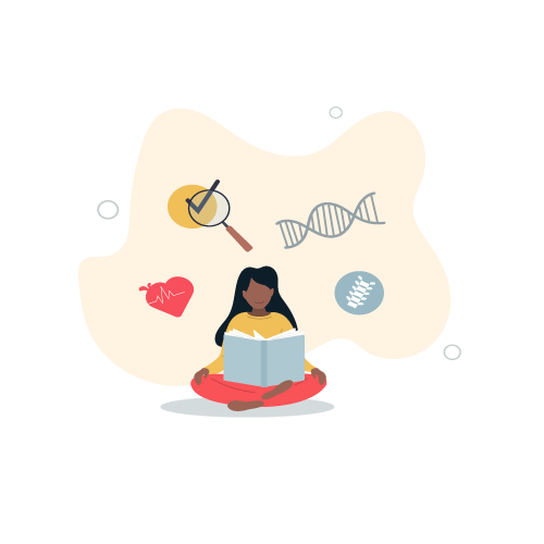 Tegning av jente som sitter med bok og over henne svever tegninger av helserelaterte ting