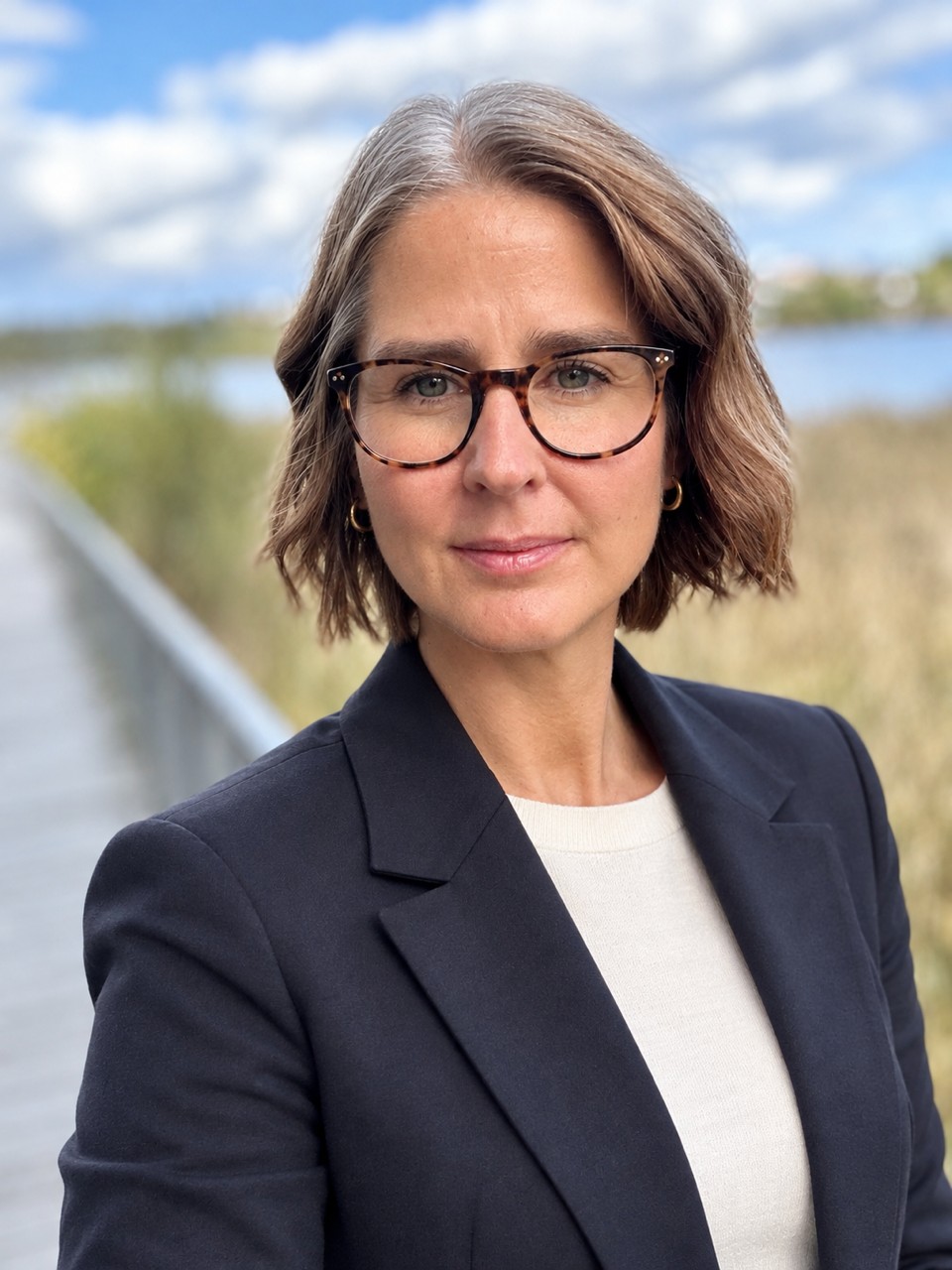 En person med langt hår og briller