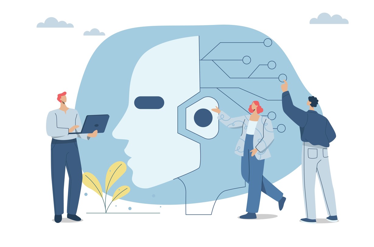 Personer samarbeider foran en stort hode som skal illustrere Kunstig intelligens