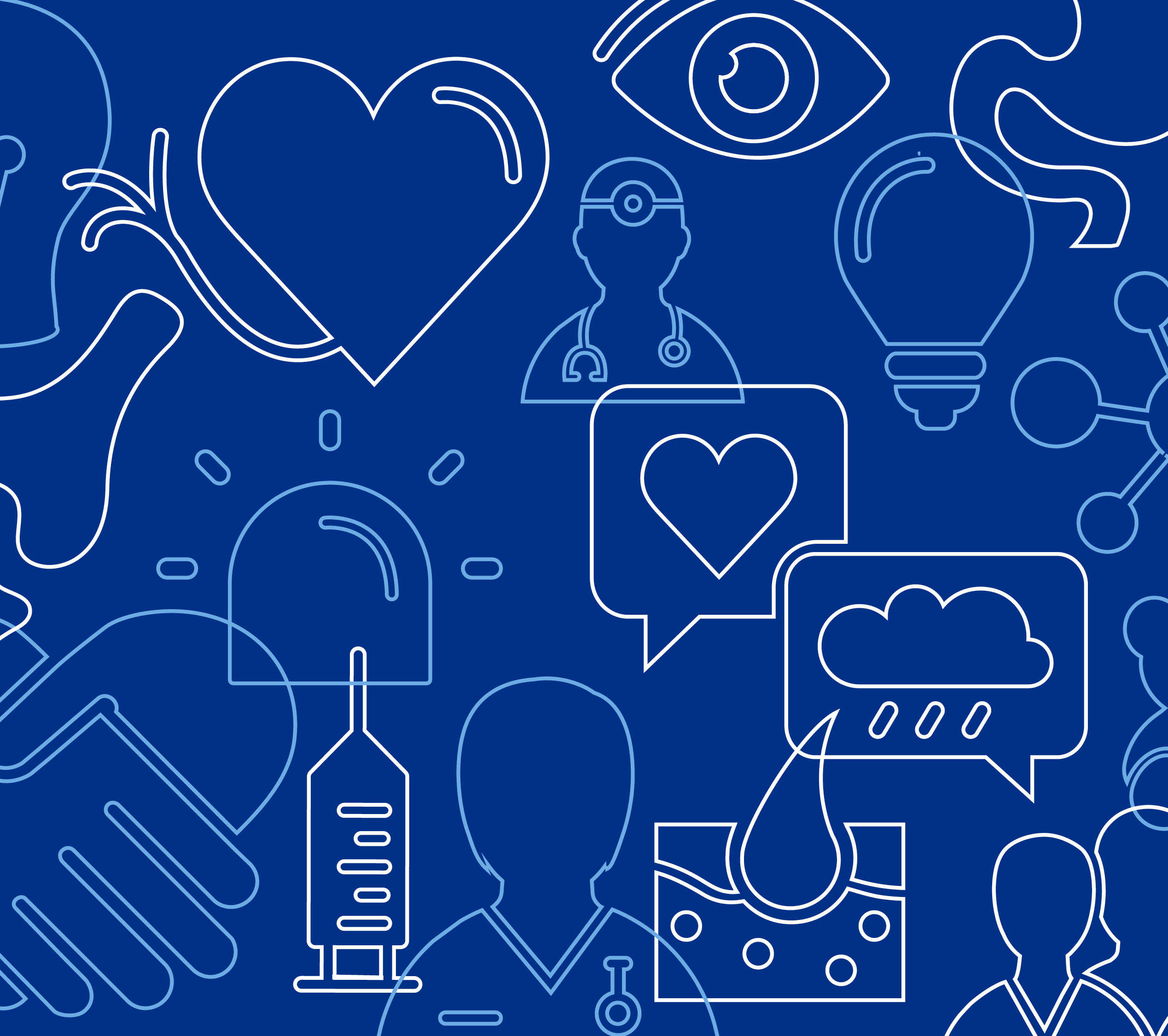 Ulike helserelaterte ikoner på mørk blå bakgrunn.