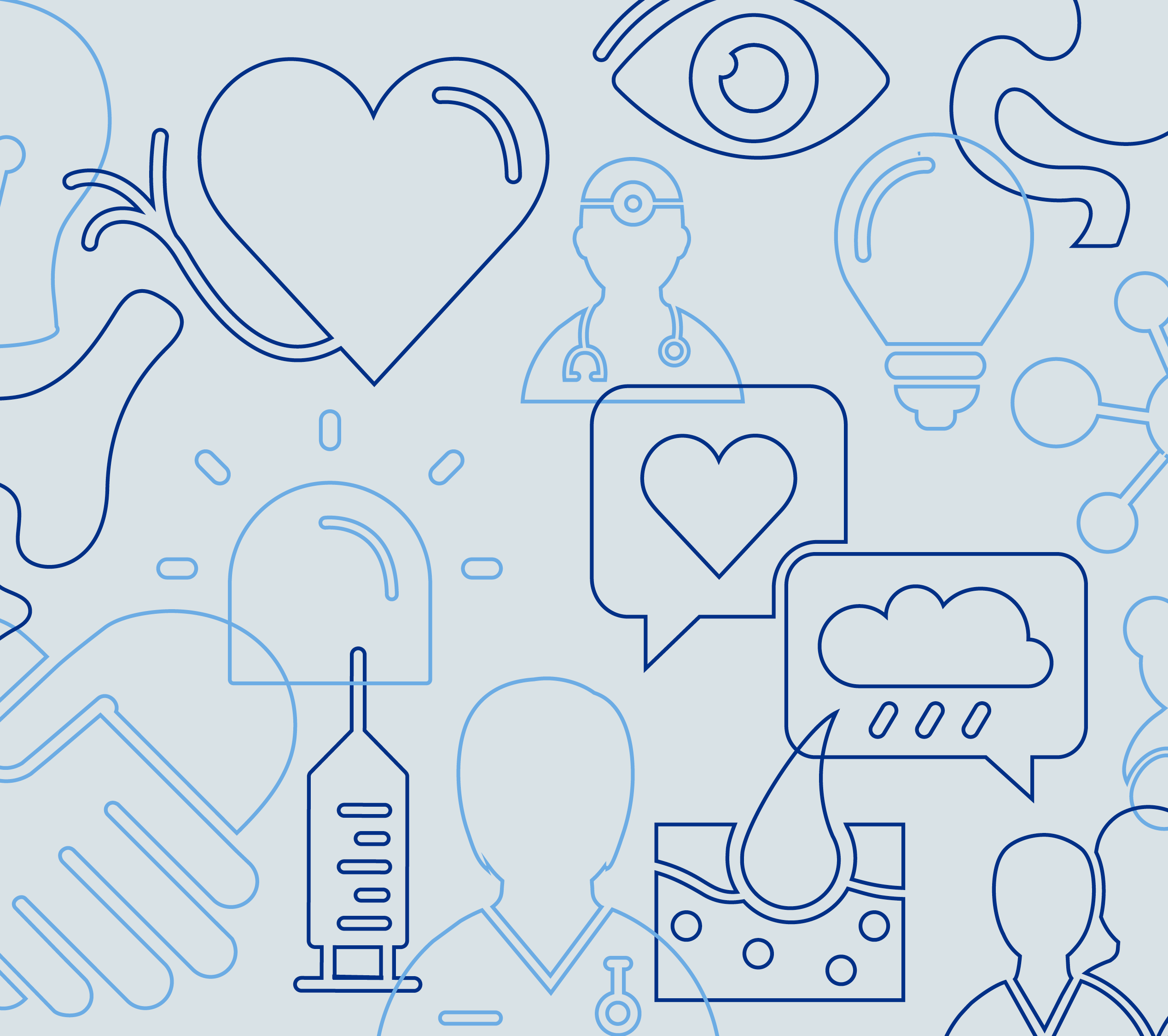 Ulike helserelaterte ikoner på lys blå bakgrunn.