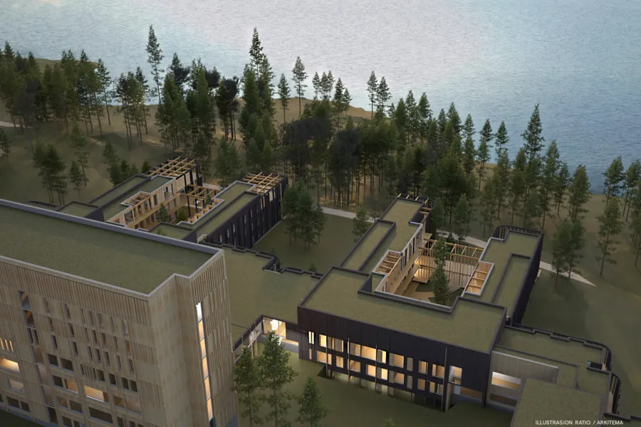 Skisse av sykehus ved vannet