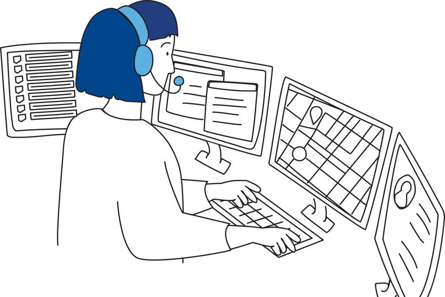 Ilustrasjon av kvinne som sitter foran skjermer 8 en AMK-sentral